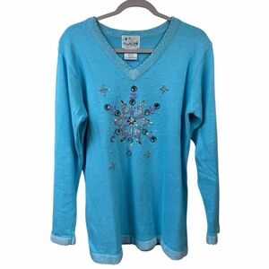 VTG ❄️ Quacker Factory Blue Sequin Beaded Snowflake Holiday Sweater Size M